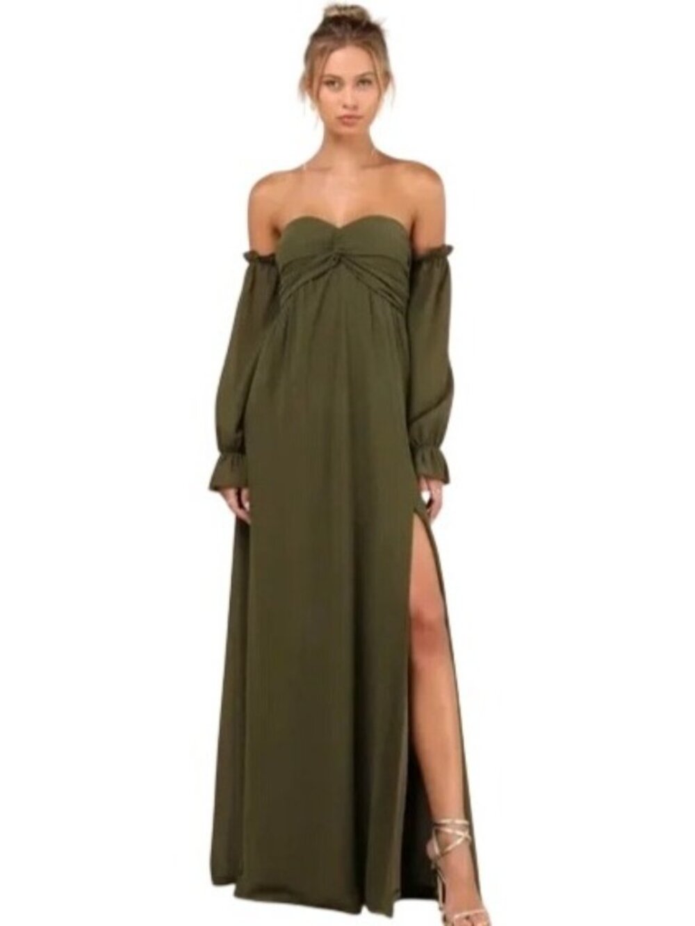 Lulu’s Olive Green Glorious Invite Knotted Off Shoulder Balloon Sleeve Maxi Gown